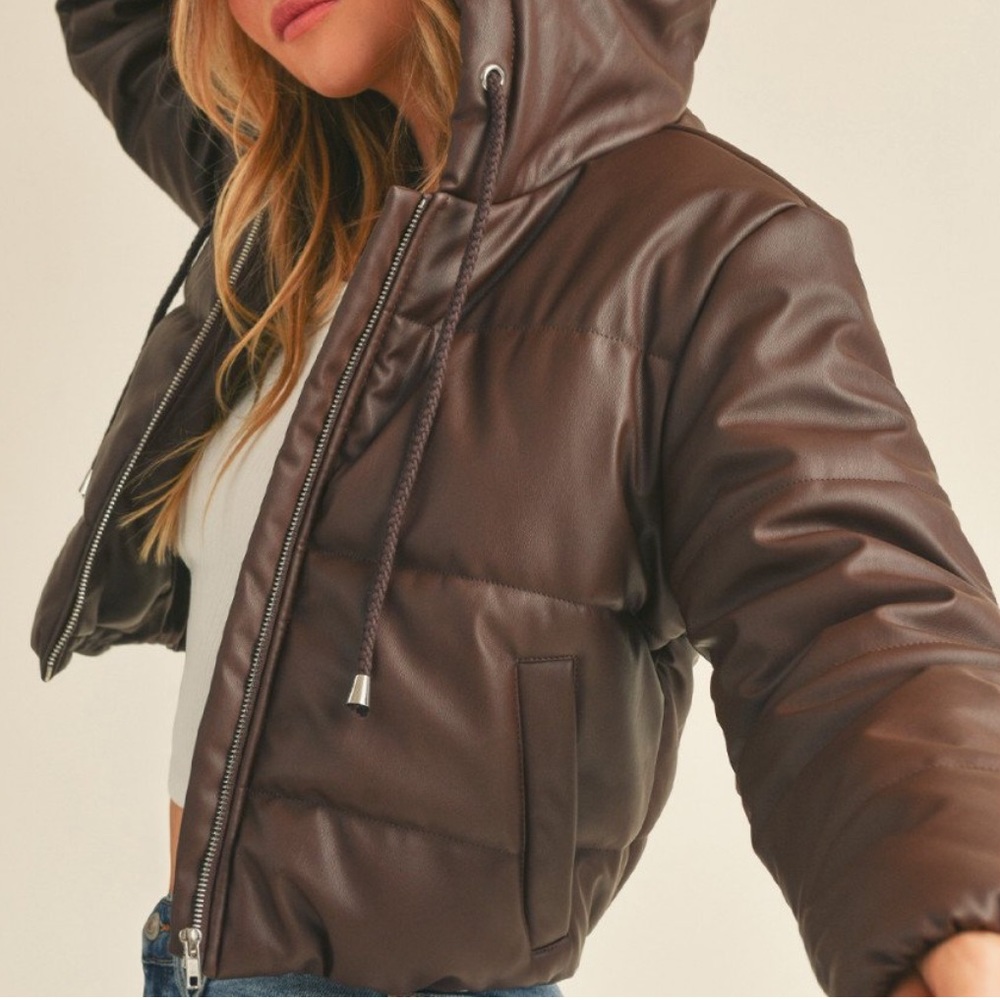 VEGAN LEATHER HOODED PUFFER JACKET - COFFEE - Picture 6 of 6